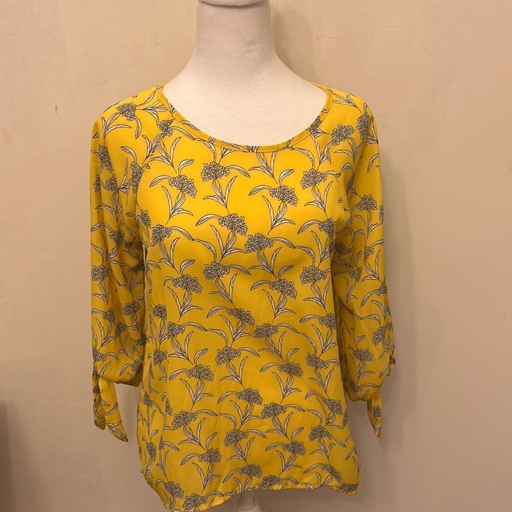 Papermoon yellow white black floral long tie sleeve blouse Size S EUC